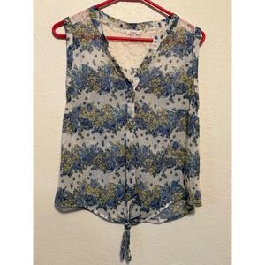 Candies Floral Lace Back Sleeveless Tie Front Blouse Blue Yellow Medium